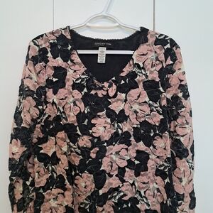 Jones New York Pink and Black Floral Blouse